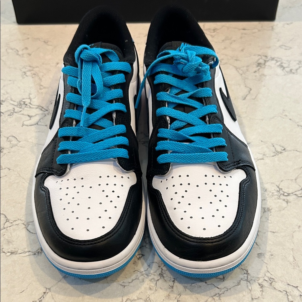 Air Jordan 1 Low Nike Men's Black and Dark Powder Blue Athletic Shoes - Picture 2 of 9